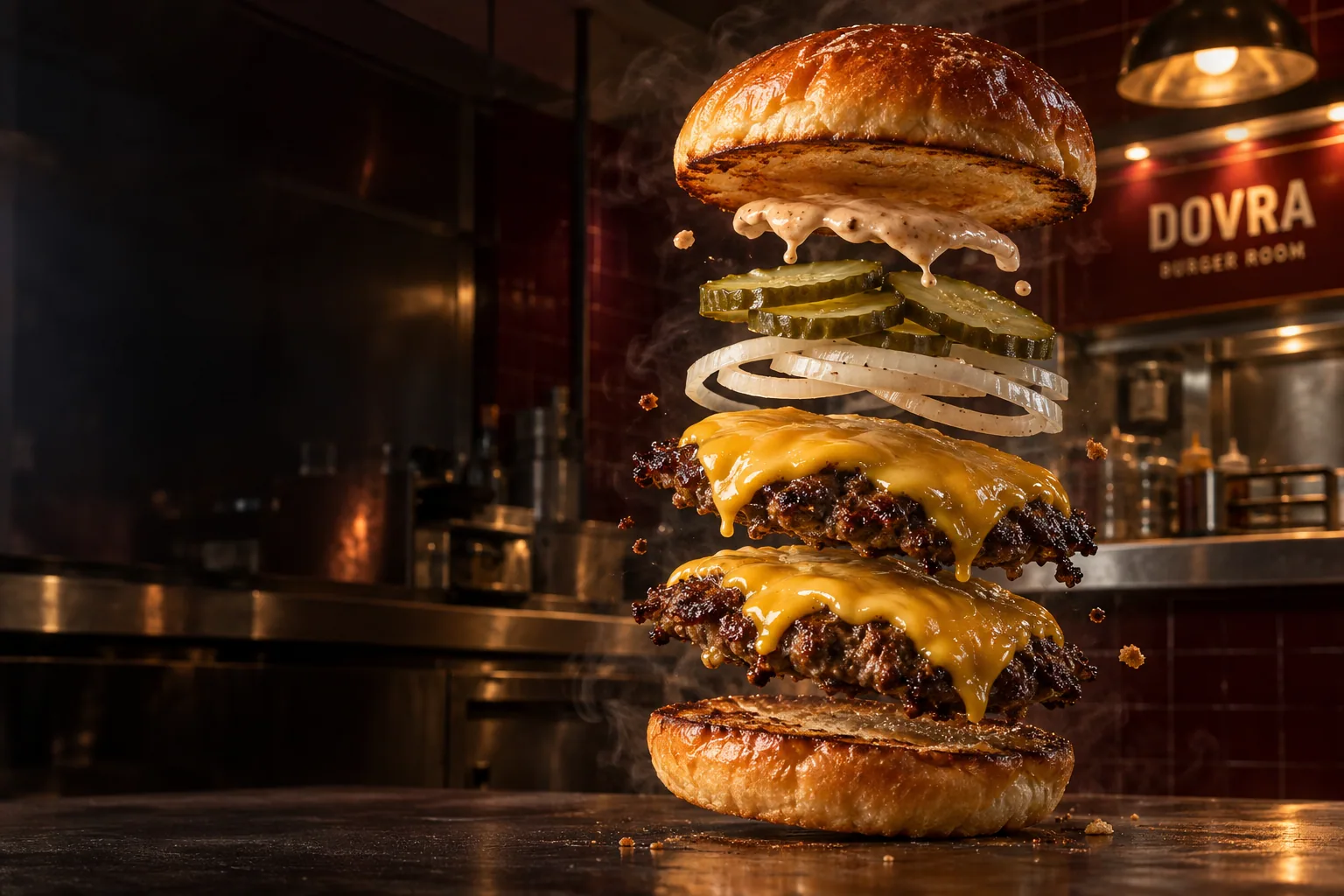 DOVRA Burger Room, with a cheeseburger assembled from individual ingredients against a warmly lit restaurant interior.