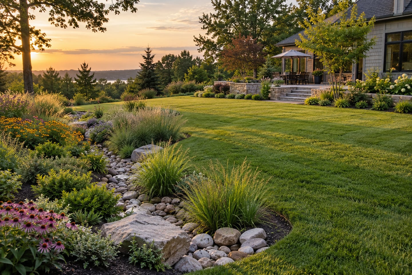 A finished stone retaining terrace and graded lawn beside a residence.