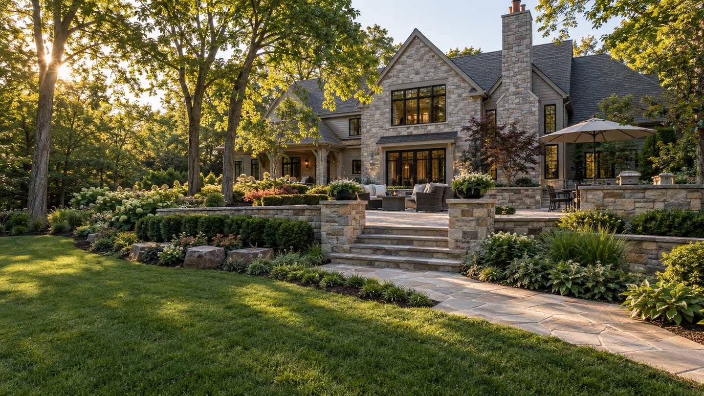 A finished stone terrace and landscaped grounds beside a large residential home.