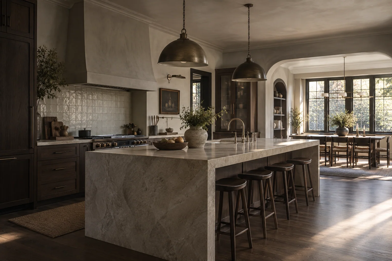 Remodeled kitchen with walnut cabinetry and a pale stone island.