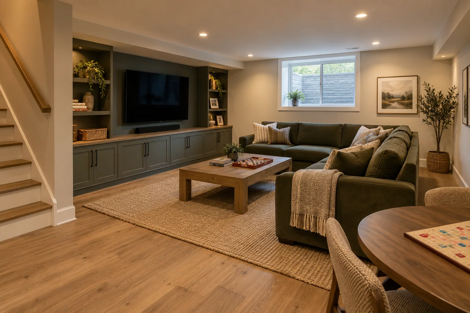Finished lower-level living room with built-in shelving and a large sectional.