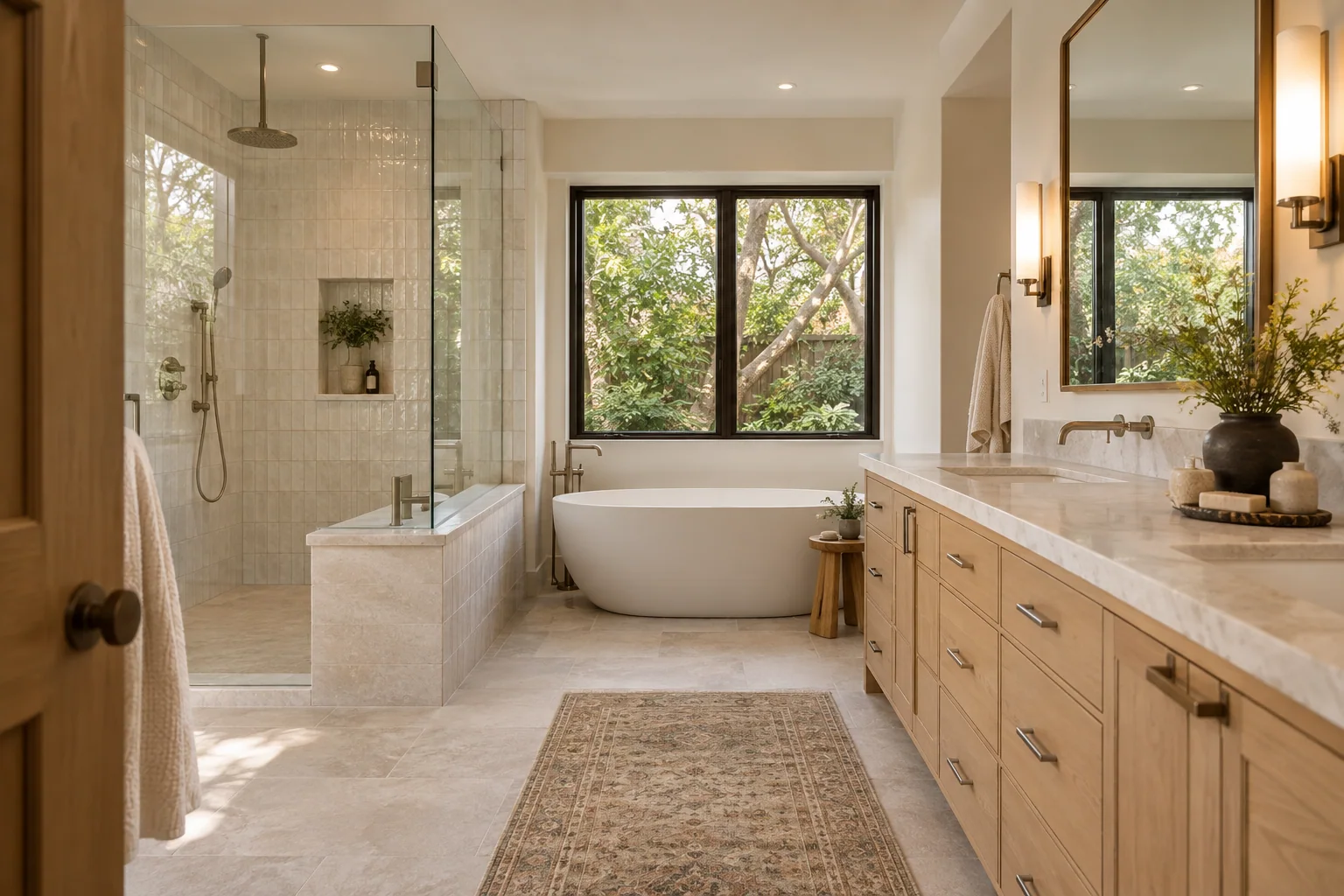 Remodeled bathroom with a freestanding tub, warm stone and a walnut vanity.