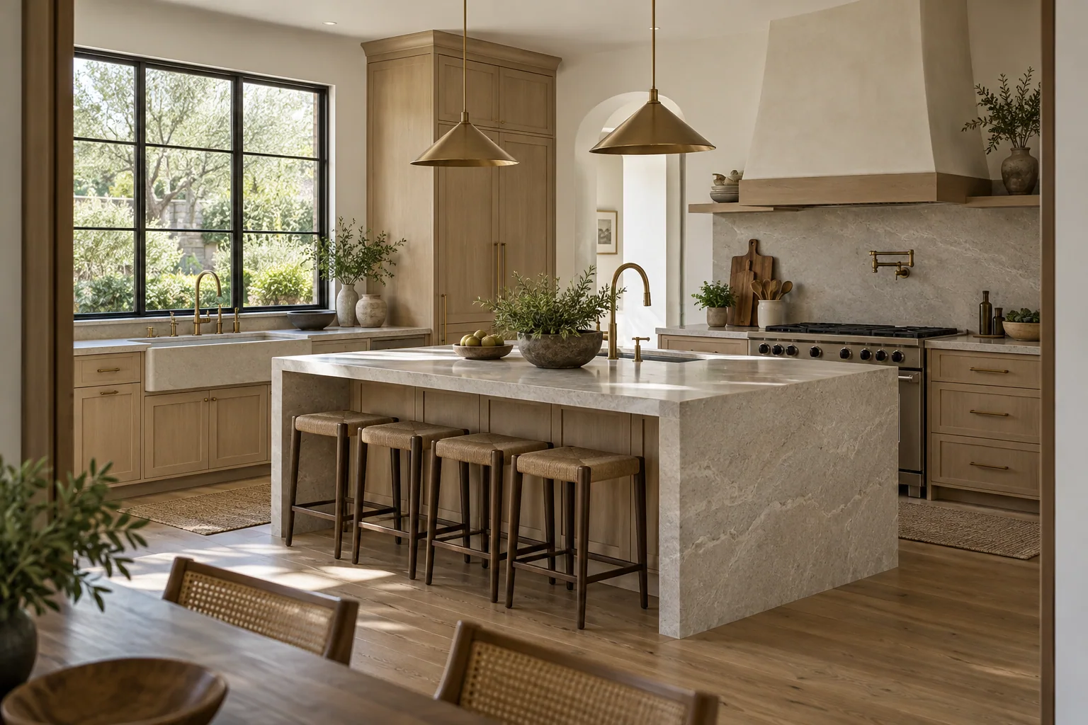 Remodeled kitchen with walnut cabinetry, a stone island and pendant lighting.