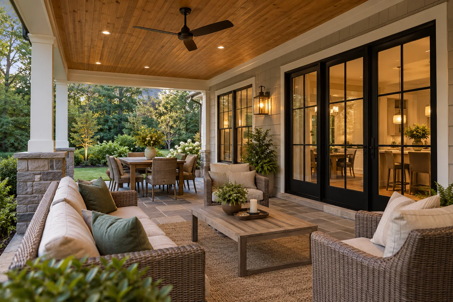 Covered outdoor living area with a stone patio, seating and garden views.